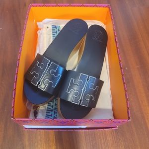 Tory Burch Ines 80MM wedge slides calf leather metallic veg